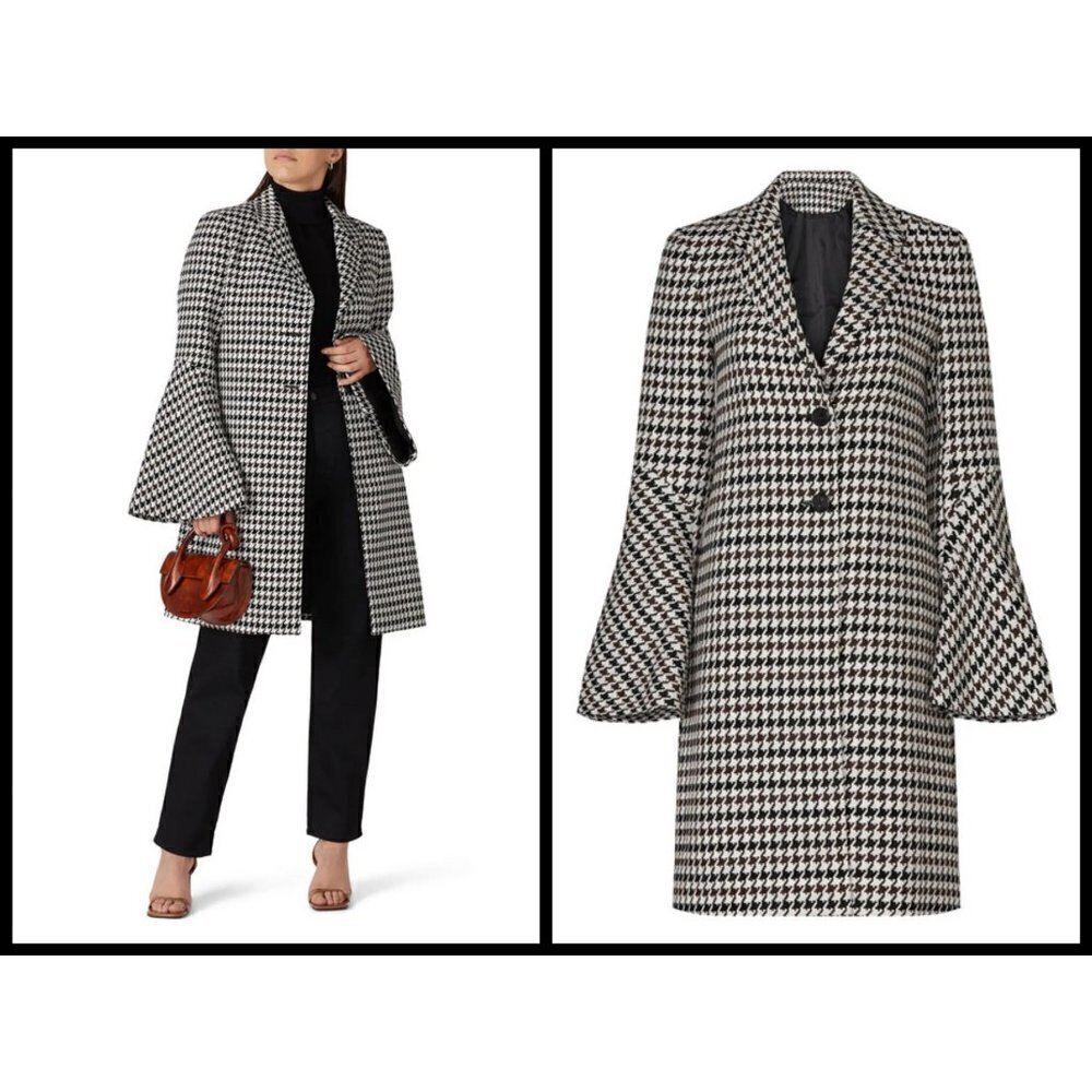 💕DEREK LAM COLLECTIVE💕 Houndstooth Bell Sleeve Coat Black White Brown 50 NWOT
